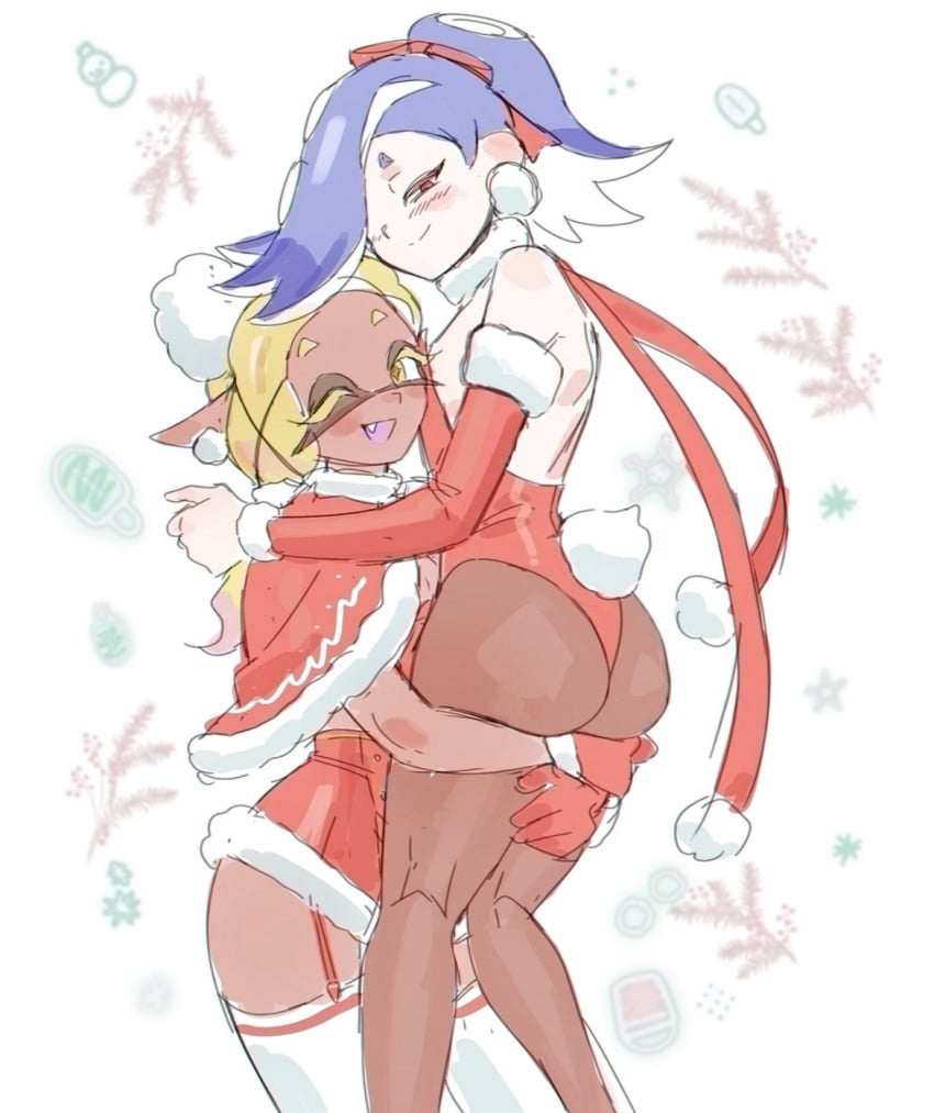 ass bunny_girl bunny_tail bunnysuit carrying carrying_partner christmas christmas_outfit frye_(splatoon) garter_straps holding holidays knees looking_at_viewer looking_back sameke shiver_(splatoon) splatoon splatoon_3 thick_thighs thighs yuri