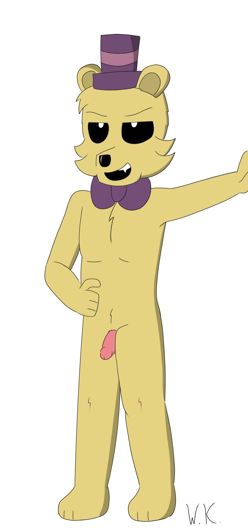 ask_goldie_anything full_body furry goldie goldie_(ask_goldie_anything) grawolfquinn hand_on_waist hand_on_wall humanoid_penis male_only one_person penis posing purple_bowtie purple_top_hat white_pupils yellow_fur