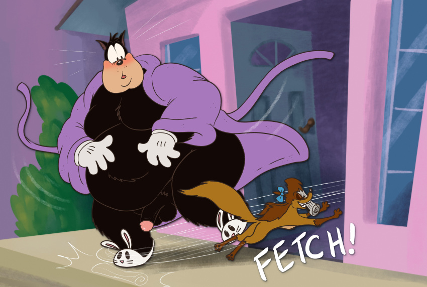 1boy 1girls absurd_res anthro balls bathrobe belly black_body black_fur blush canid canine canis clothing domestic_cat domestic_dog felid feline felis feral flaccid footwear fur genitals hi_res male mammal moobs overweight penis pete_(disney) public_domain robe shoes slippers smallfryspy