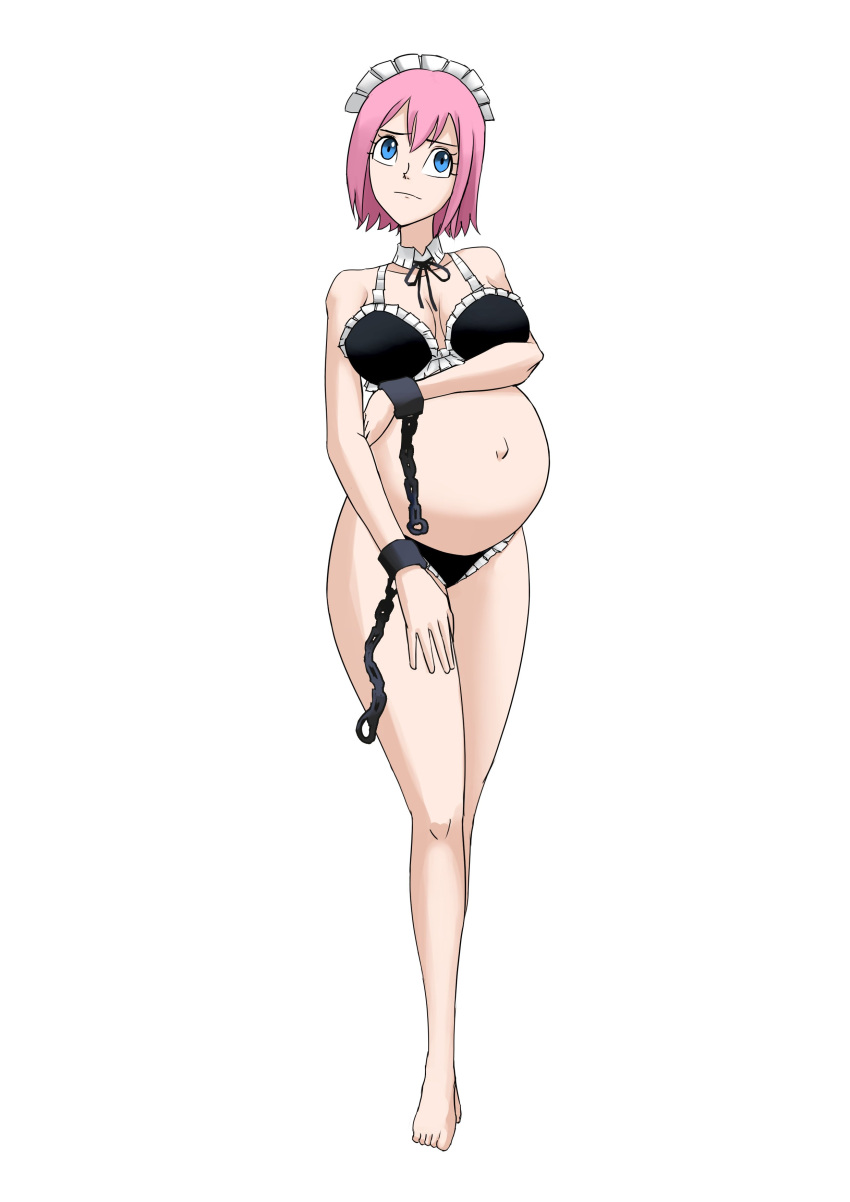 1girls almeram02 blue_eyes bra chains fairy_tail hyper_belly maid_headdress outie_navel panties pink_hair pregnant ready_to_pop solo underwear virgo_(fairy_tail)