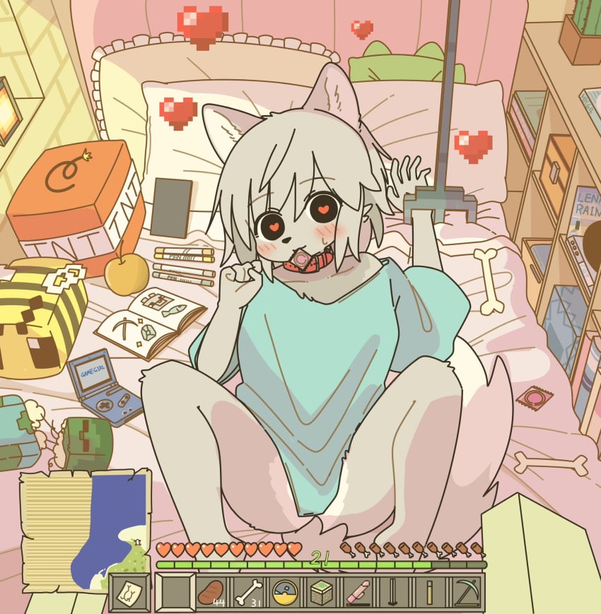 blush cat_ears cat_tail catgirl condom_in_mouth doremifaso64 furry heart heart_eyes looking_at_viewer minecraft wholesome