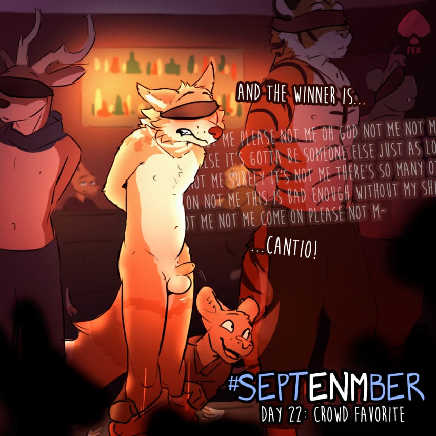 anthro assisted_exposure balls blindfold blush canid canine canis cantio_(lawyerdog) competition contest coyote deer embarrassed fek fekkri_talot felid flaccid genitals male mammal mikhail_(character) pantherine pantsing penis public public_nudity quinten_(draite) senftember senftember_(2024) solo strip_game suid suina sus_(pig) tiger wild_boar