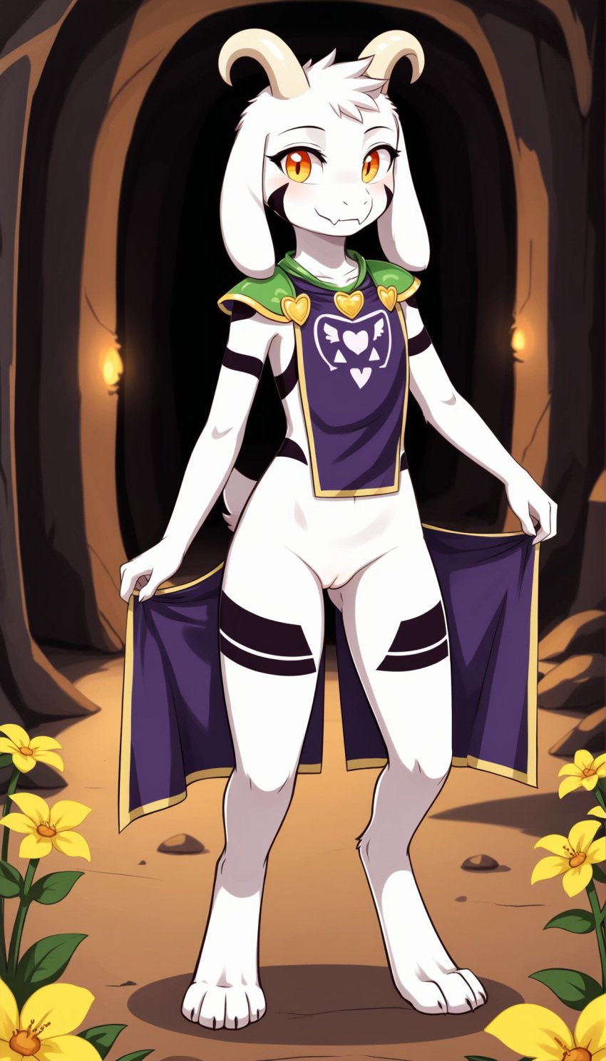 1girls 2024 ai_generated anthro asriel_dreemurr asriel_dreemurr_(god_form) black_markings blushing bottomless bottomless_female cave digitigrade female female_only goat hi_res holding_clothing horns innie_pussy looking_at_viewer pussy rule_63 showing_pussy smile tabard taking_clothes_off undertale undressing white_fur