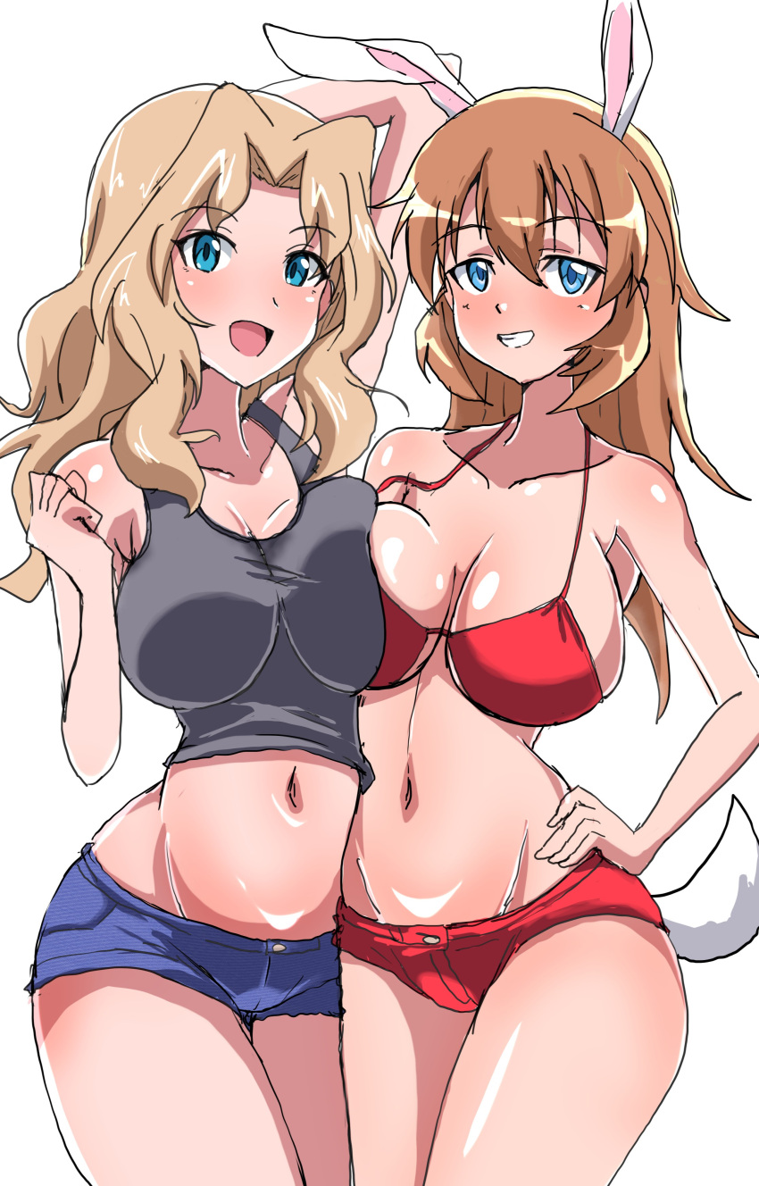 2girls absurd_res animal_ears big_breasts blonde_hair blue_eyes breast-to-breast breast_press bunny_ears charlotte_e_yeager crossover girls_und_panzer hi_res kay_(girls_und_panzer) large_breasts long_hair looking_at_viewer navel orange_hair rafale1008 slut smile strike_witches tail white_background world_witches_series