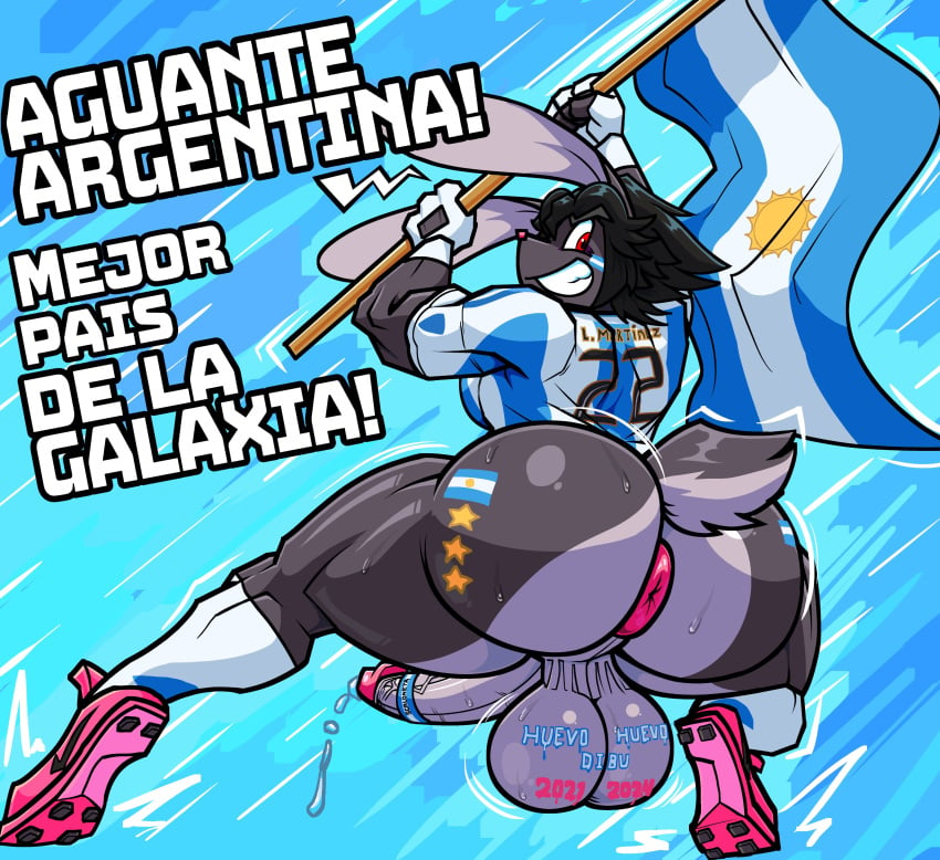 1futa absurd_res anthro anus argentina argentina_flag ass balls big_balls big_butt black_body black_fur black_hair bodily_fluids bodypaint clothing cydennis2 cyds2 dennis_(cyds2) erection flag flag_(object) footwear fur futa_only futanari genital_fluids genitals grey_body grey_fur hair hi_res humanoid lagomorph leaking_precum leporid looking_at_viewer looking_back mammal muscular muscular_arms muscular_futanari muscular_thighs penis precum rabbit red_eyes scut_tail shoes short_tail sneakers soccer_uniform socks solo solo_futa spanish_text sportswear spread_anus spreading tail text uniform