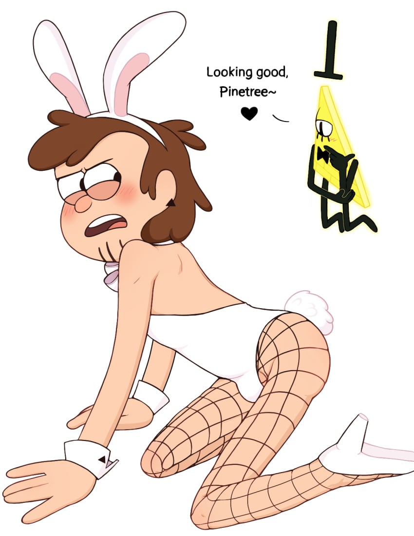 1boy 1male accurate_art_style aged_up all_fours angry_face anthro back_view balls bill_cipher black_arms black_earrings black_eyes black_legs blush boy brown_hair bulge bulge_through_clothing bunny_boy bunny_costume bunny_ears bunny_tail bunnysuit bunnysuit_bulge cartoony clothed collar couple crossdressing crossdressing_male cuffs_(clothing) demon detached_collar detached_cuffs digital_drawing_(artwork) digital_media_(artwork) dipper_pines duo ear english_commentary femboy fishnet_legwear fishnets floating gravity_falls high_heels hotfiresu human_male legwear male male/ambiguous male/male male_only master on_all_fours on_knees one_eye penis_bulge pet_play petplay playboy_bunny short_hair simple_shading size_difference stubble submissive submissive_male tail top_hat triangle white_bunnysuit yellow_body