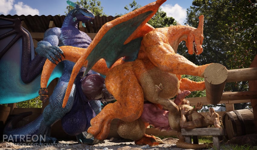 3d 3d_(artwork) anthro aquafreeze balls charizard digital_media_(artwork) dragon game_freak gay generation_1_pokemon genitals group hi_res knot kobold male male/male mythological_creature mythological_scalie mythology nintendo pokemon pokemon_(species) scales scalie size_difference stomach_bulge trio wings