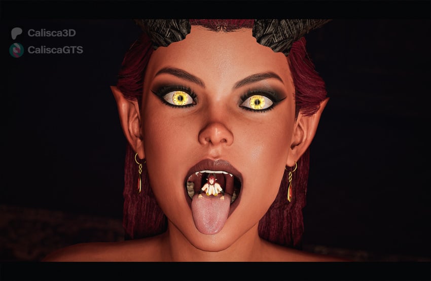 2girls 3d daemon demon demoness devil earrings female female_only mouth pointy_teeth ryanreos sinia succubus teeth throat tiefling tongue tongue_out velora vore