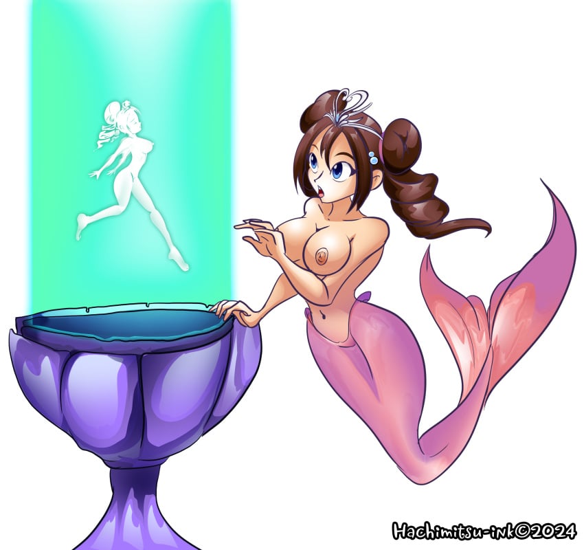 2024 bare_breasts bare_shoulders blue_eyes brown_hair cauldron color completely_nude_female digital_art entranced feet fins game_freak hachimitsu-ink hair_buns hair_ornament human_form illusion jewelry large_breasts legs light light-skinned_female light_skin mermaid mermaid_tail nipples no_text open_mouth pearls pink_tail pokemon pokemon_bw2 prancing projection ringlets rosa_(pokemon) scene_reference silhouette the_little_mermaid the_little_mermaid_(1989_film) tiara topless white_light