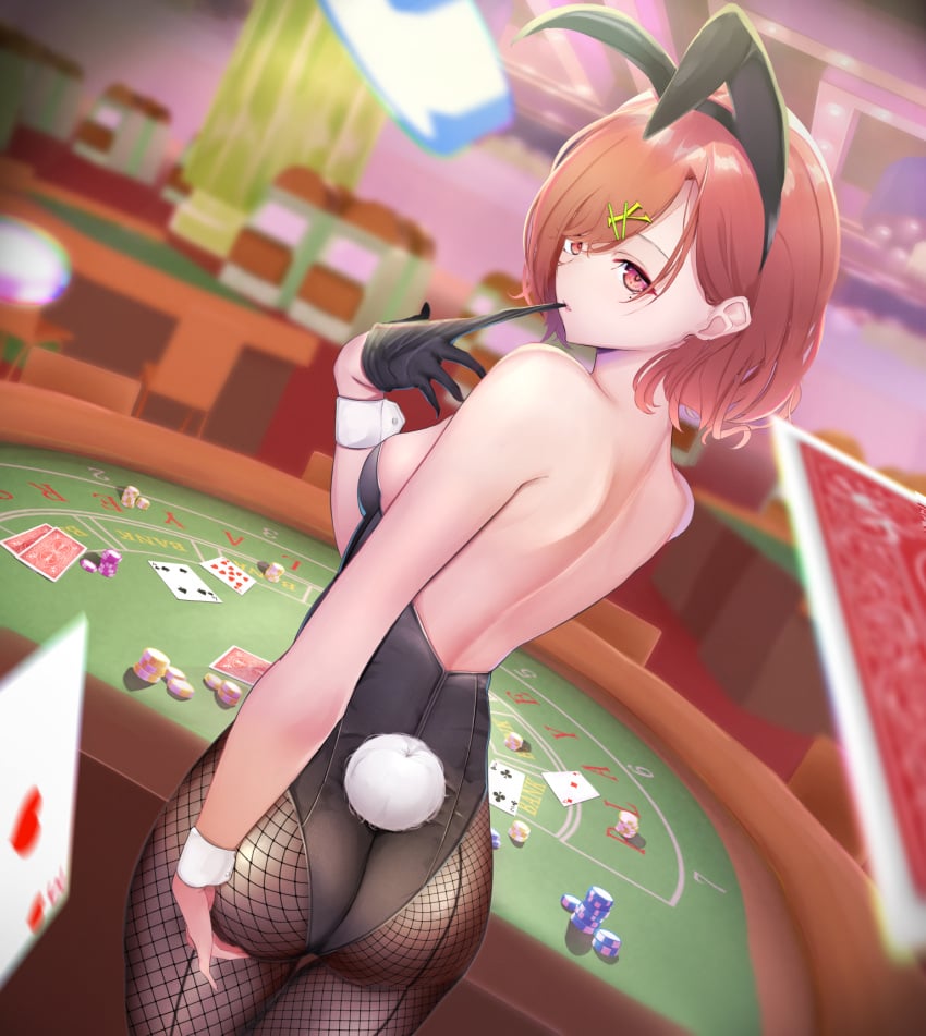 animal_ears ass back back-seamed_legwear bare_shoulders biting biting_glove black_gloves black_leotard black_pantyhose blurry blurry_background breasts card casino casino_card_table commentary_request dutch_angle fake_animal_ears fake_tail female fishnet_pantyhose fishnets glove_in_mouth gloves hair_ornament hairclip heart highres higuchi_madoka idolmaster idolmaster_shiny_colors indoors leotard looking_at_viewer looking_back mole mole_under_eye mouth_hold pantyhose playboy_bunny playing_card purple_eyes rabbit_ears rabbit_tail red_hair seamed_legwear short_hair sideboob small_breasts solo strapless strapless_leotard sunvinegar swept_bangs table tail wrist_cuffs