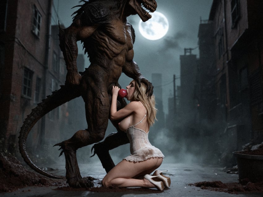 1boy 1girls ai_generated ass blonde_hair deep_blowjob female feral_on_female feral_on_human high_heels interspecies lizardman monster noone3d on_knees oral oral_sex petite slim zoophilia