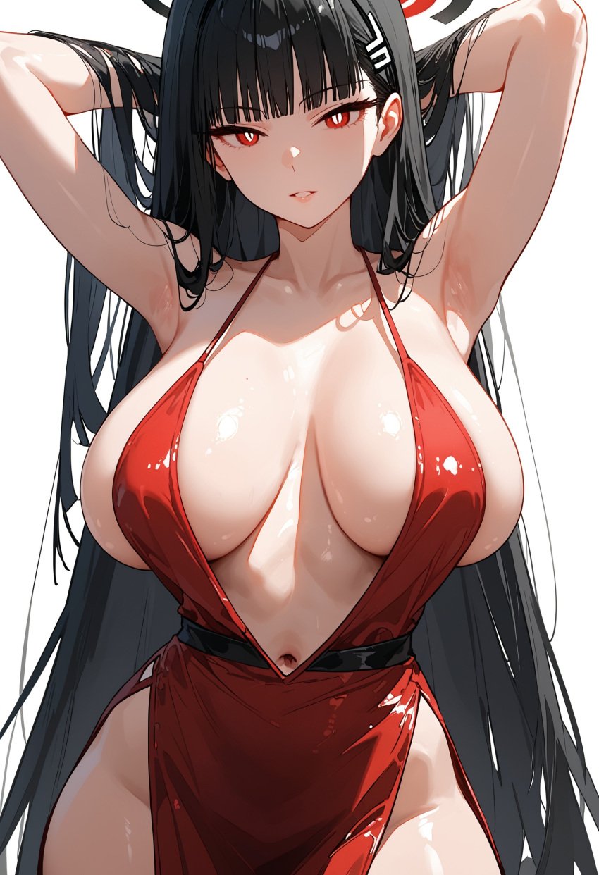 1girls ai_generated black_hair blue_archive breasts dress female flyingpancake hi_res hips huge_breasts light-skinned_female light_skin long_hair millennium_science_school_student naughty_face red_eyes rio_(blue_archive) seminar_(blue_archive) seminar_president thick_thighs thighs wide_hips