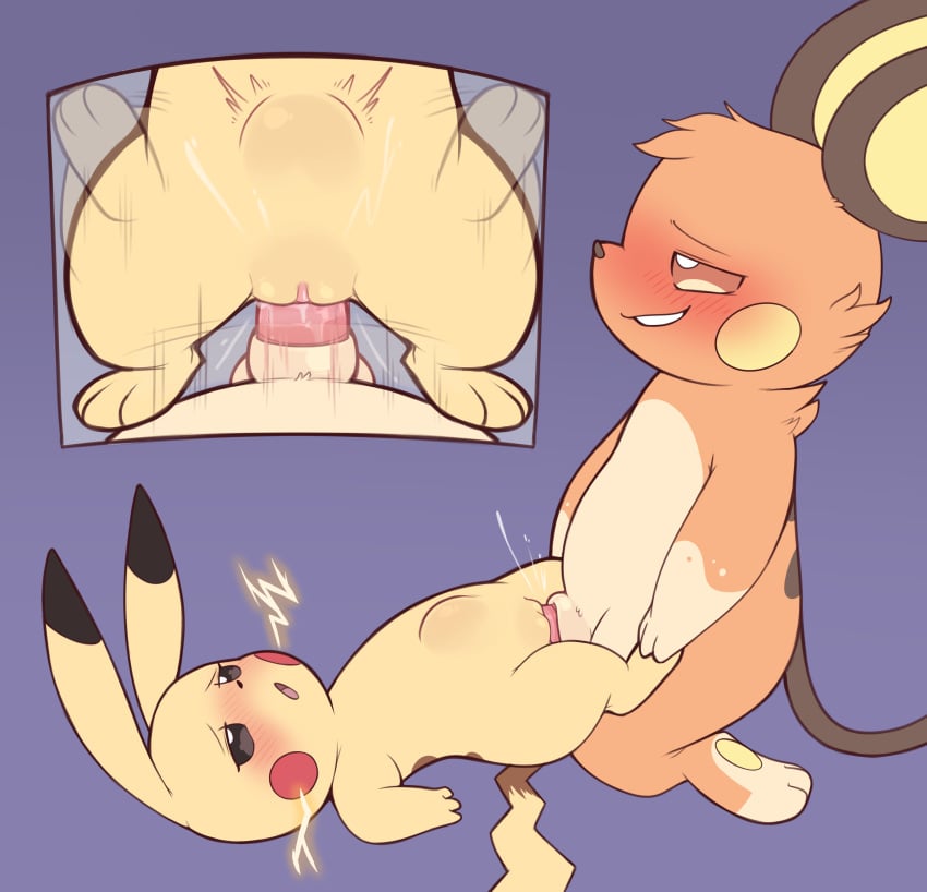 absurd_res animal_genitalia blush bodily_fluids duo female from_front_position game_freak generation_1_pokemon genital_fluids genitals hi_res humanoid_genitalia humanoid_pussy lying male missionary_position nintendo on_back pikachu pokemon pokemon_(species) porldraws pussy raichu sex sheath simple_background size_difference stomach_bulge vaginal_fluids vaginal_penetration