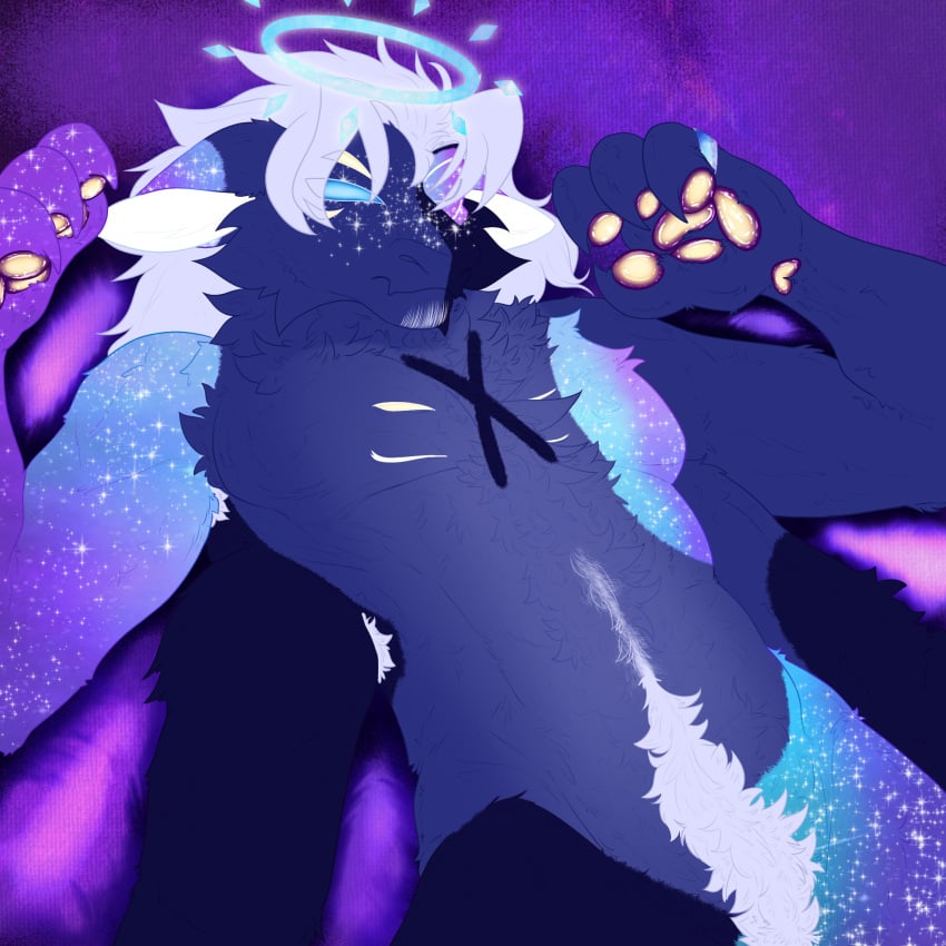 1boy armpit_hair blue_eyes body_hair chest_tuft claws facial_hair furry furry_only halo happytrail kalcifer_kat keldu(twoe) male monster multi_arm multi_eye multi_limb nyx_keldu(twoe) oc original_artwork original_character pawpads ring solo solo_focus solo_male the_world_of_erus viewer_perspective wedding_ring yellow_eyes