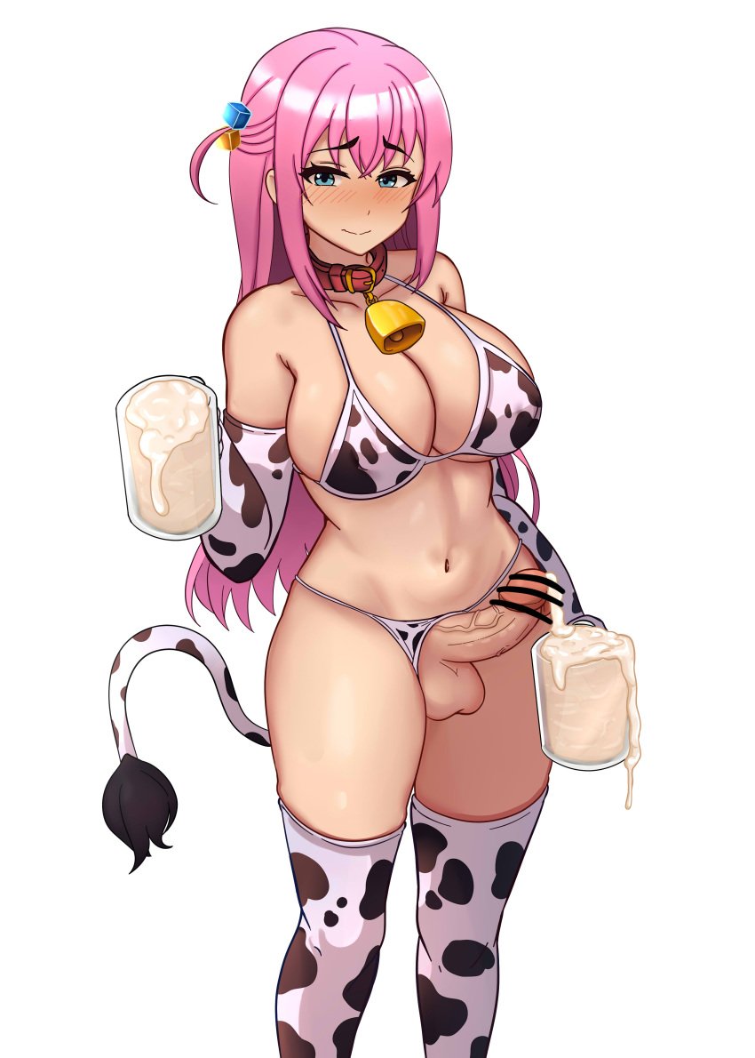 absurdres animal_print bar_censor bikini bikini_bottom_aside blue_eyes blush bocchi_the_rock! censored clothing_aside cow_print cow_print_bikini cow_print_gloves cow_print_thighhighs cow_tail cube_hair_ornament cum cum_in_container cum_in_cup cup elbow_gloves erection futanari gloves gotou_hitori hair_ornament highres holding holding_cup long_hair nose_blush penis pink_hair print_bikini print_gloves print_thighhighs serissa_(ysyg8722) solo swimsuit tail testicles thighhighs