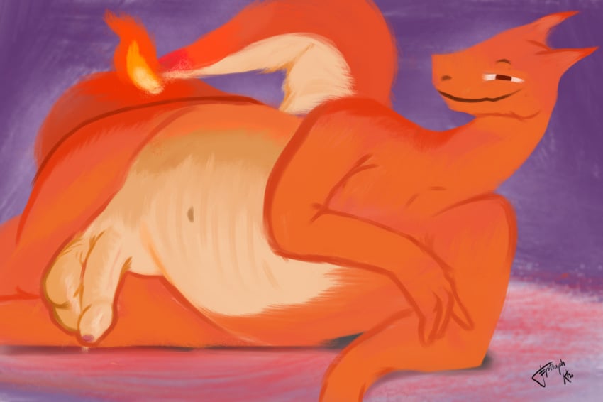 1boy 2019 anthro charizard chubby dragon epitaphkho_(artist) eye_contact fire flaming_tail half-closed_eyes looking_at_viewer lying male male_only nintendo nude on_side overweight overweight_male penis pokémon_(species) pokemon pokemon_(species) pokemon_rgby red_body scalie simple_background sketch smile solo testicles text thick_thighs uncut video_games watermark white_body wide_hips