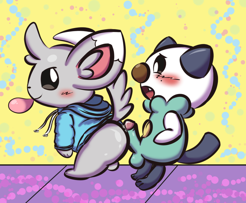 2boys ass blush bodily_fluids bottomless bubble_gum clothed clothing duo gay genital_fluids hi_res hoodie hot_dogging humanoid_penis male male_only minccino mincheeto nintendo original_character oshawott penis pokemon pokemon_(species) pokemon_bw precum teasing testicles topwear video_games yaoi