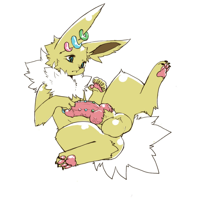 1boy 2018 4_toes 5_fingers big_ears big_penis big_testicles blue_eyes claws digital_media_(artwork) ear_piercing earrings eeveelution erection feet feral fingers frenum_ladder frenum_piercing fur genital_piercing ground hi_res humanoid_penis hybrid_penis jolteon knot kosian large_penis long_ears male male_only mammal nintendo nude on_back original_character pawpads paws penis penis_piercing piercing piercings pink_pawpads pokémon_(species) pokemon pokemon_rgby pose simple_background solo spread_legs spreading testicles thick_thighs toe_claws toes veins veiny_knot veiny_penis video_games white_background white_fur wide_hips yellow_fur