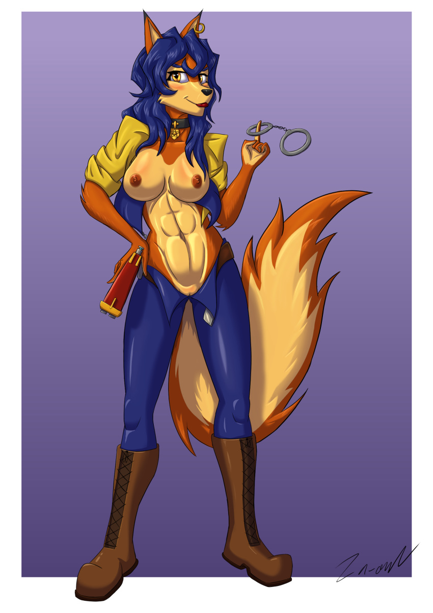 2019 abs absurd_res anthro athletic blue_hair blush boots breasts canid canine carmelita_fox clothing collar cuffs_(disambiguation) digital_media_(artwork) ear_piercing ear_ring female footwear fox gun hair hi_res jacket looking_at_viewer mammal mostly_nude piercing pussy ranged_weapon shock_pistol simple_background sly_cooper_(series) smile smooth_fur solo sony_corporation sony_interactive_entertainment sucker_punch_productions topwear video_games weapon za-owl