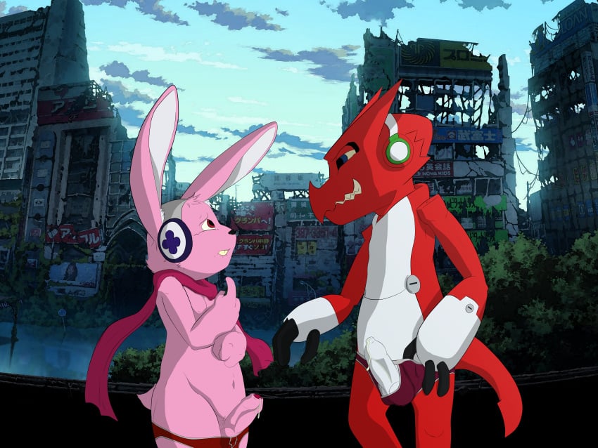 4:3 absurd_res anthro bodily_fluids clothing colored cutemon detailed_background digimon digimon_(species) duo erection furfit genital_fluids hi_res humanoid_penis japanese_text lagomorph leporid male male/male mammal muskie penis precum rabbit shoutmon text underwear