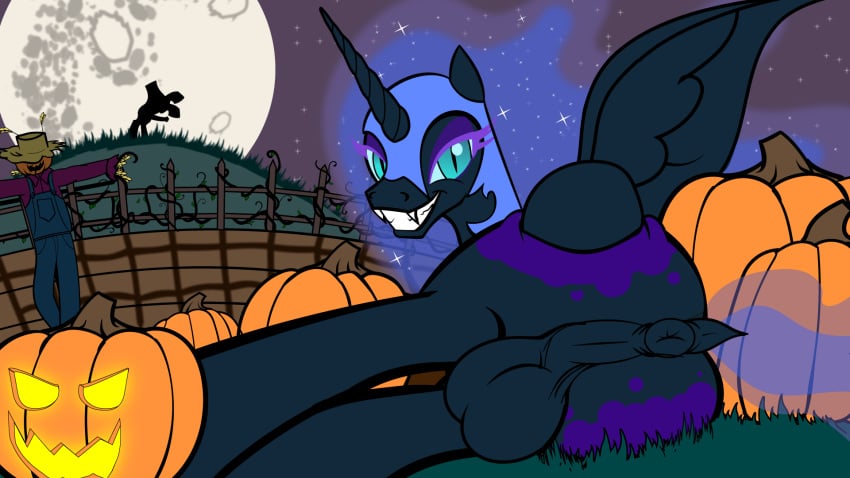 16:9 1futa 2019 alicorn anus armor ass balls cutie_mark dark_persona equid equine eyelashes feral friendship_is_magic full_moon furry futanari hair halloween headgear helmet herm hi_res holidays horn intersex jack-o'-lantern looking_at_viewer looking_back mammal moon my_little_pony night nightmare_moon_(mlp) outside princess_luna_(mlp) pussy scarecrow sky solo_futa trash_anon wings