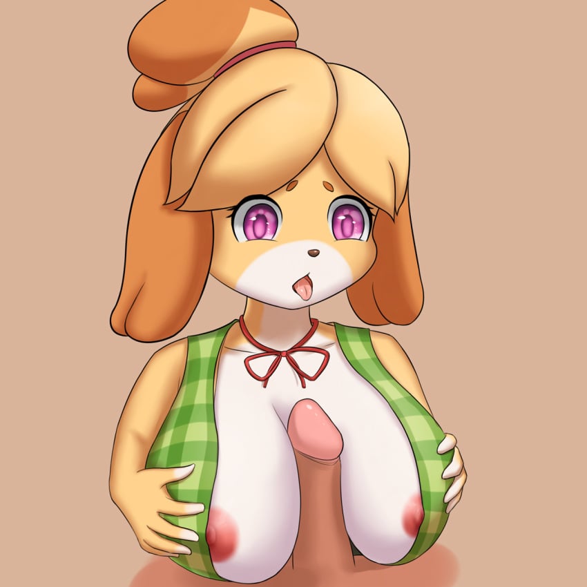 1:1 2019 animal_crossing areola big_breasts bodily_fluids breasts canid canine canis disembodied_penis domestic_dog erection faceless_male female female_focus female_on_human fingers first_person_view fur hi_res human isabelle_(animal_crossing) male mammal miklia nintendo nipples open_mouth paizuri penetration penis shih_tzu solo_focus tongue tongue_out toy_dog video_games yellow_body yellow_fur