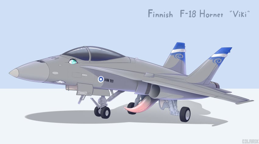 2018 aircraft airplane animal_genitalia blue_eyes bodily_fluids colarix dire_aircraft dire_machine dual_engine english_text erection f/a-18 genital_fluids grey_body hi_res jet landing_gear living_aircraft living_machine machine male male_only penis pink_penis precum sharp_teeth solo tapering_penis teeth text