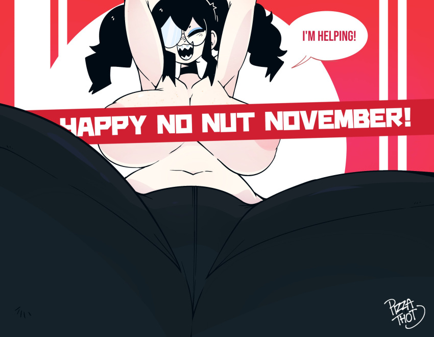 2018 :3 areolae arms_up belly big_areola big_breasts black_hair black_pants breasts choker chubby color female female_focus female_only gats glasses happy hips human large_breasts nipples no_nut_november original original_character pale-skinned_female pale_skin pants pizza_thot red_background sharp_teeth simple_background solo solo_female thick_thighs thighs tips_(gats) topless underboob white_background wide_hips yoga_pants