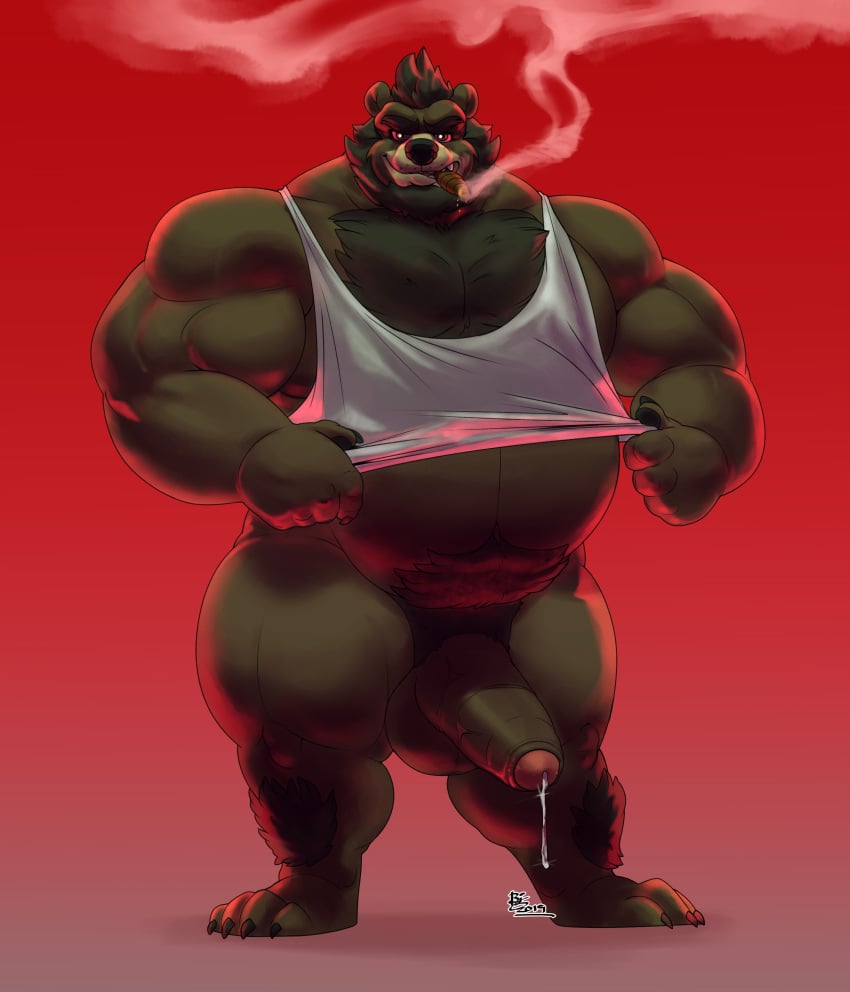 2019 4_toes 5_fingers absurd_res anthro balls beard belly big_balls big_muscles big_penis black_hair black_nose bodily_fluids body_hair bottomless brown_bear brown_body brown_fur chest_hair cigar clothed clothing erection eyebrows facial_hair fingers fur garoh genital_fluids hair hi_res huge_balls huge_cock huge_muscles looking_at_viewer male male_only mammal musclegut muscular muscular_male penis plantigrade precum pubes shirt simple_background solo standing tank_top thebiz_(artist) thick_eyebrows toes topwear ursid ursine vein veiny_penis