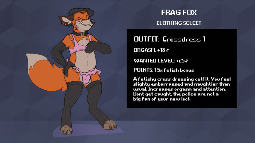 16:9 2019 3_toes anthro armwear black_nose blush bottomwear bulge canid canine claws closed_eyes clothed clothing crossdressing dipstick_tail ear_piercing embarrassed english_text fox frag full-length_portrait furfragged girly gloves hand_on_hip handwear hat headgear headwear hi_res leggings legwear male mammal multicolored_tail panties pattern_background piercing portrait rainbow_accessory showing_teeth simple_background skirt slightly_chubby solo standing text tight_underwear toe_claws toes underwear