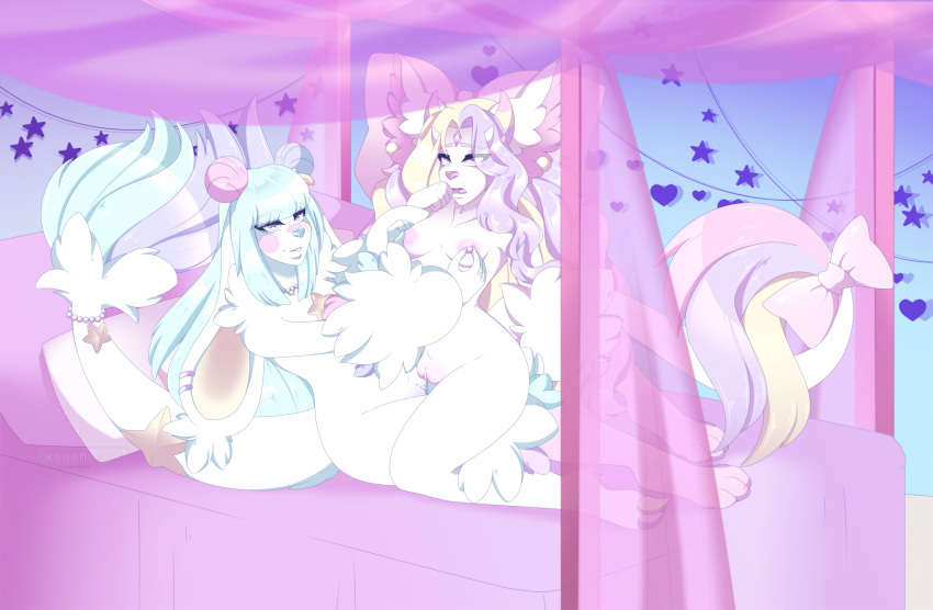 anthro bed bedroom bow breasts cel_shading closed_specie cowgirl_position curvaceous curvy_figure female female/female fluffy folklore furniture girly hi_res konomofu long_tail masturbation nipple_play nipples orgasm pastel pillow pussy voluptuous yuri