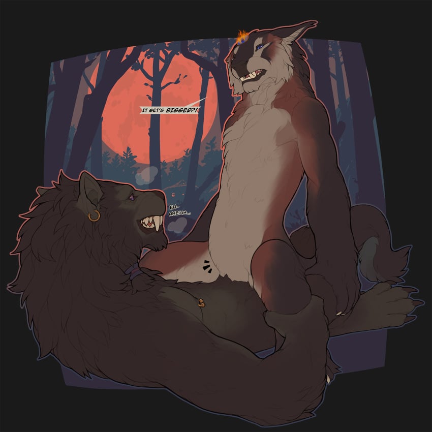 1:1 2019 anthro black_body black_fur blue_eyes brown_body brown_fur canid canine canis claws cowgirl_position dialogue ear_piercing ear_ring english_text fangs female flat_chested fluffy fluffy_tail forest fur guldyr_einarsson hi_res knotting male male_penetrating mammal nipple_piercing nipples nude on_top outside penetration piercing purple_eyes sex snowskau straight tetton text tree vaginal_penetration were werecanid werecanine werewolf white_body white_fur wolf