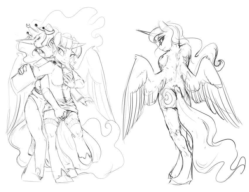 absurd_res alicorn anthro anthrofied breast_grab breasts clothing crown equid female female/female finger_fuck fingering fingering_partner friendship_is_magic grabbing_from_behind hand_on_breast hi_res horn legwear looking_at_viewer looking_back mammal monochrome my_little_pony nightmare_moon_(mlp) nude princess_luna_(mlp) rear_view silfoe simple_background sketch slit_pupils smile stockings thigh_highs tiara twilight_velvet_(mlp) unicorn vaginal_penetration wings yuri