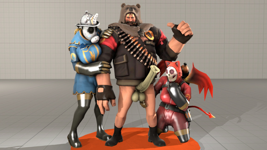 1boy 2girls 3d albanyfucker big_penis boots cat_ears demon_girl demon_tail demon_wings fempyro gloves head_dress heavy_weapons_guy horsecock male pants_removed penis pyro shirt skull team_fortress_2 thigh_boots tight_clothing valve wings