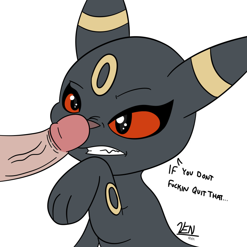 1:1 absurd_res ambiguous_gender angry baring_teeth black_body black_fur boop duo eeveelution english_text feral fur hi_res human male male/ambiguous mammal nintendo penis penis_on_face pokémon_(species) pokemon profanity raised_arm red_eyes teeth text umbreon venasii video_games