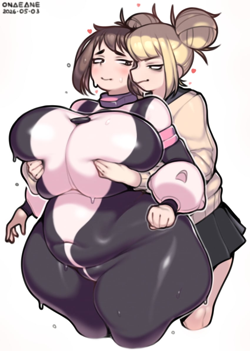 2girls bbw belly blonde_hair boku_no_hero_academia breast_grab breasts brown_hair curvy double_bun female female_only grabbing_another's_breast groping groping_breasts groping_from_behind hero_outfit_(mha) himiko_toga huge_breasts my_hero_academia ochako_uraraka onaeane overweight overweight_female plump short_hair size_difference teenager thick thick_thighs yuri