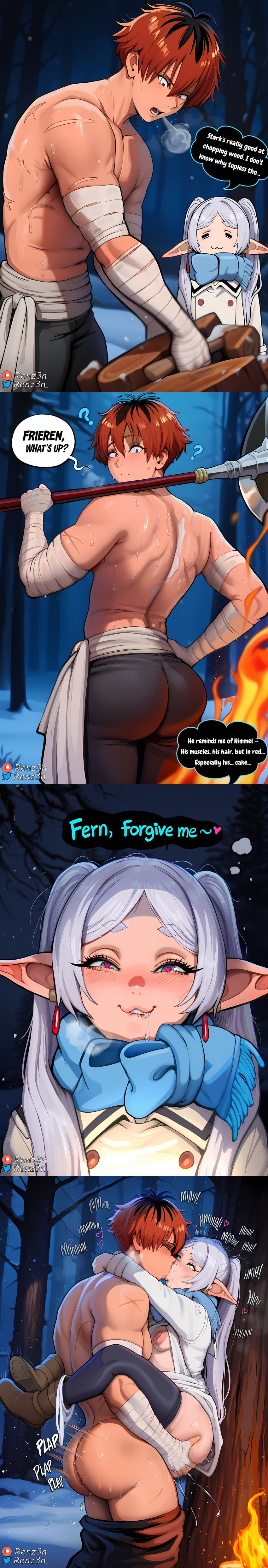 1boy 1girls :3 against_tree ai_generated arm_wraps artist_name ass axe big_ass bottom_heavy cheating comic comic_strip dark drooling elf elf_ears elf_female elf_girl english english_text female fire frieren frieren_beyond_journey's_end from_behind heart heart-shaped_pupils hi_res high_resolution highres horny horny_female hug kissing large_ass leg_lock male male/female milf moaning muscular muscular_male netorare night ntr outdoors panties panties_around_one_leg pants pants_down patreon patreon_url red_hair renz3n scar scarf sex shortstack small_breasts smaller_female snow sound_effects sousou_no_frieren speech_bubble standing standing_sex stark_(sousou_no_frieren) suspended_congress text thick_thighs thighs thought_bubble upright_straddle watermark white_hair winter