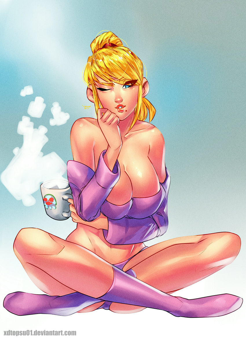 1girls beauty_mark blonde_hair blue_eyes breasts cleavage collarbone female female_only female_protagonist front_view gradient_background highres holding_object huge_breasts human large_breasts looking_at_viewer metroid mole_under_mouth mug nintendo one_eye_closed ponytail samus_aran sidelocks sitting socks solo steam thong url wink winking_at_viewer xdtopsu01