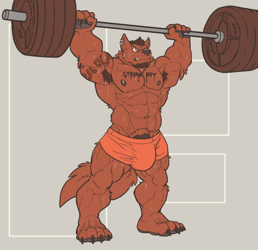 2017 4_toes 5_fingers abs absurd_res anthro armpit_hair barbell beard biceps big_bulge big_muscles black_nipples black_nose black_penis bodily_fluids body_hair bottomwear brown_body brown_fur brown_hair bulge canid canine canis clothed clothing ear_piercing ear_ring exercise facial_hair fingers fur hair hi_res huge_bulge male male_only mammal muscular muscular_male nightterror nipples obliques pecs penis penis_base piercing plantigrade shorts simple_background solo standing sweat tattoo text thick_penis toes topless tremorwolf triceps vein veiny_penis weightlifting wolf workout