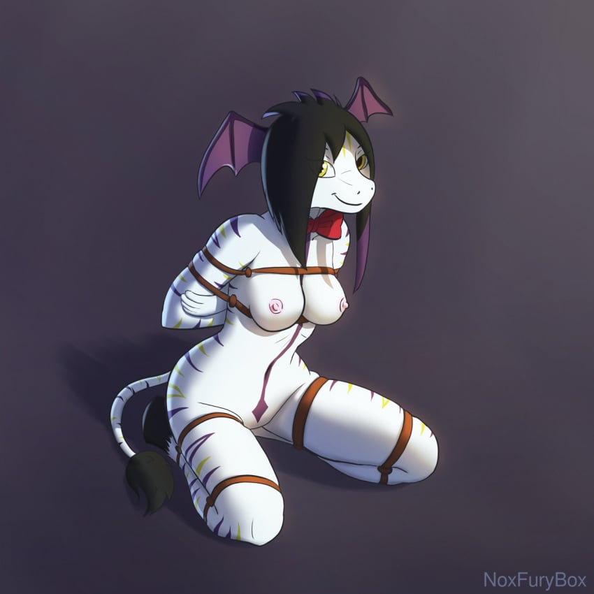 1:1 anthro black_hair bondage bound breasts digital_media_(artwork) equid equine female fur hi_res mammal nipples noxfurybox nude rope simple_background smile solo submissive submissive_female white_body white_fur zebra