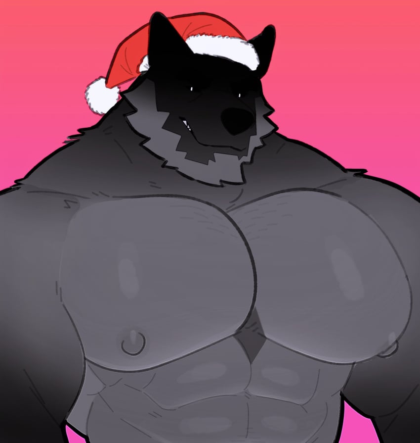 anthro bara barazoku big_pecs canine christmas furry grave_(milkblend) looking_at_viewer male male_only milkblend muscles muscular nude pecs santa_hat solo solo_male wolf