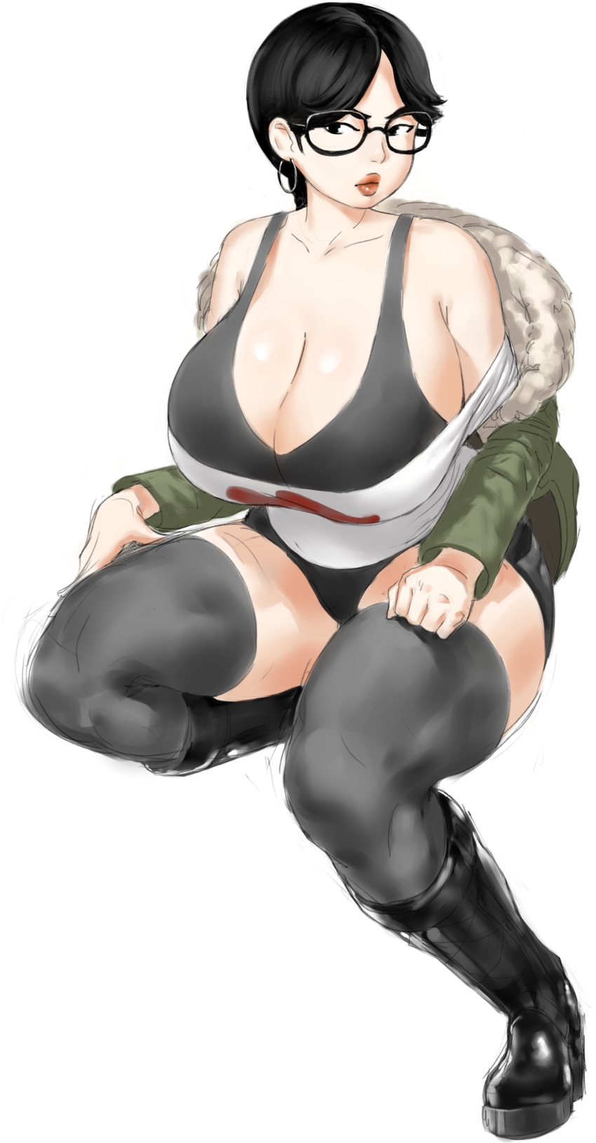 1girls atlus cleavage colored cosplay female glasses huge_breasts milf ms._usami persona persona_(series) persona_5 plump sakura_futaba_(cosplay) shin_megami_tensei short_hair tagme thick_thighs