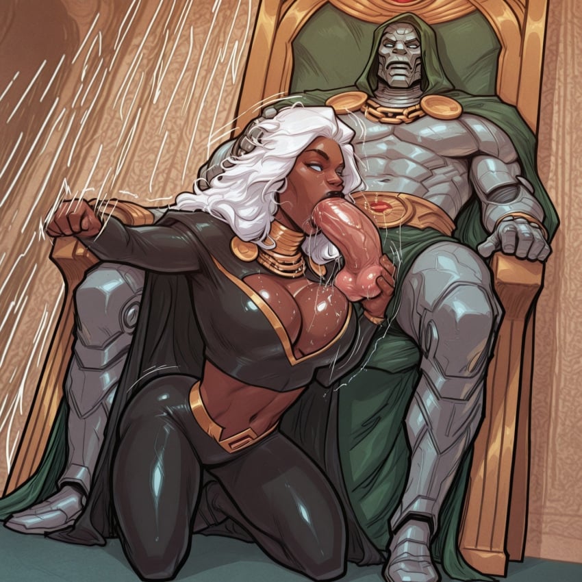 african_female ai_generated armored_male blowjob cleavage clothed_sex dark-skinned_female doctor_doom ebony_female fellatio hand_on_head hand_on_testicles interracial kneeling_female kneeling_oral_position marvel marvel_comics midriff ororo_munroe pale-skinned_male sitting sloppy_blowjob storm_(x-men) throne throne_room victor_von_doom white_hair will_of_ai x-men