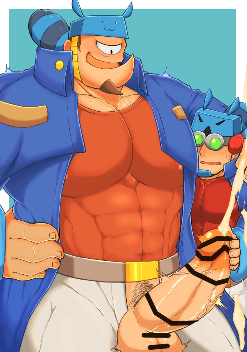 ammo_baron ammonian_soldier balls bara big_balls big_penis blush boner censored cum cyclops erection gay handjob huge_cock male male_only muscles muscular orgasm penis penis_out shantae shiro_tora