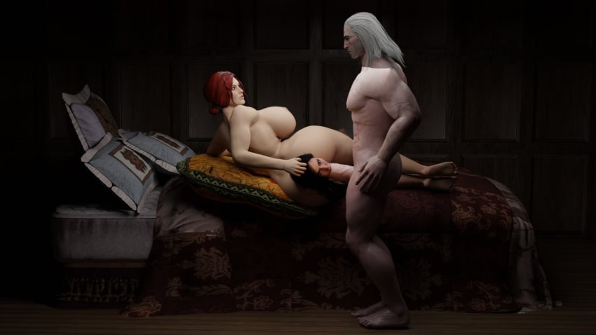 2girls 3d ass bed bedroom big_ass black_hair blowjob breasts cd_projekt_red completely_nude fellatio female geralt_of_rivia head_grab light-skinned_female light-skinned_male male mascara nipples nude oral_sex penis purple_eyes red_hair scar sucking_penis the_witcher_(series) the_witcher_3:_wild_hunt trinitylord triss_merigold yennefer