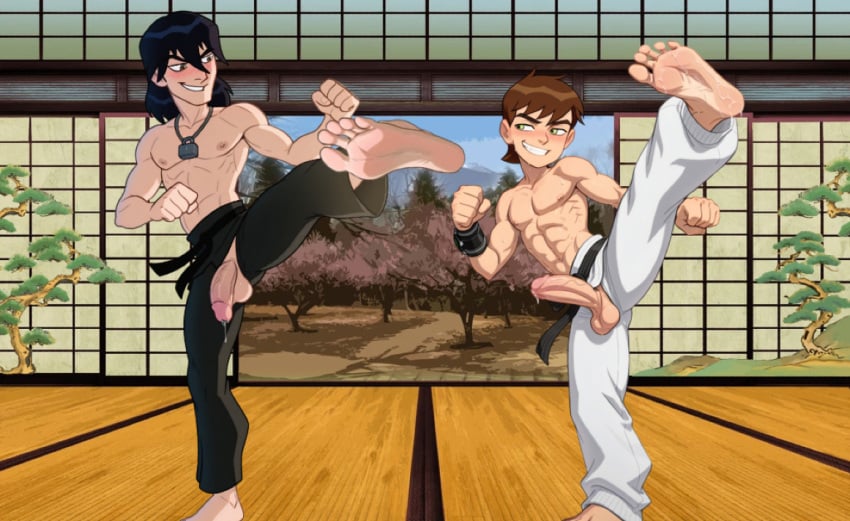 ai_generated balls barefoot ben_10 ben_tennyson cock dick_out dojo edited exposed_penis gay indoors karate karate_gi kevin_levin kicking male/male male_feet males_only malesub martial_arts muscular_males shirtless_(male) sweaty training training_room yaoi