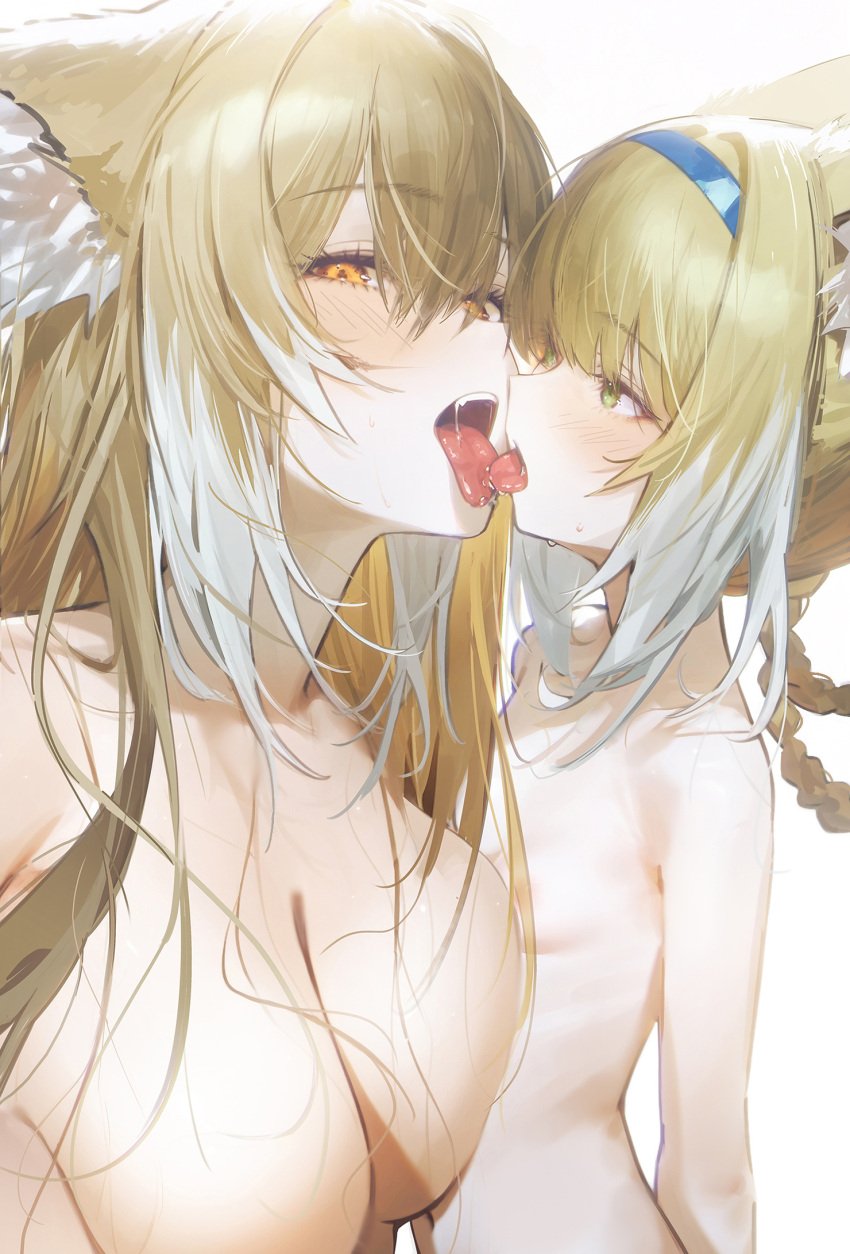 2girls aged_up animal_ears arknights drive_shot female female_only huge_breasts lesbian_kiss mother_and_daughter passionate_kiss phone selfie suzuran_(arknights) vulpisfoglia_(arknights) white_background