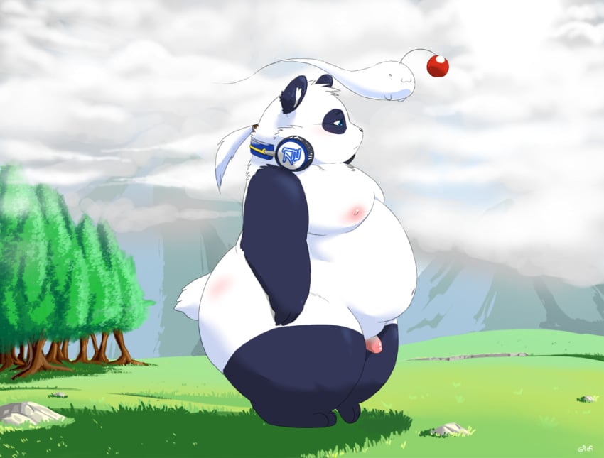 2010 anthro blue_eyes duo forest giant_panda gillpanda grass headphones male male_only mammal moobs mountain nipples outside overweight overweight_male penis spirit tree ursid