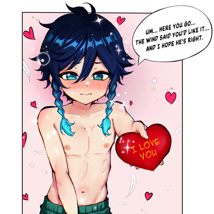 1:1_aspect_ratio 1boy androgynous bangs black_hair blue_hair blush braid closed_mouth clothing drintrava english_language english_text genshin_impact gradient_hair green_eyes heart high_resolution holding long_hair looking_at_viewer male male_focus male_only multicolored_hair navel nipples pectorals pixiv short_hair_with_long_locks simple_background solo text tied_hair topless topless_male twin_braids twitter valentine venti_(genshin_impact) very_high_resolution white_background