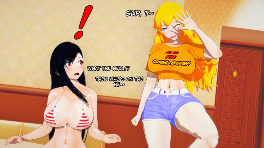 2girls big_breasts bikini bikini_top black_hair black_hair_female blonde_female blonde_hair breasts clothed_female crossover final_fantasy final_fantasy_vii final_fantasy_vii_remake long_hair long_hair_female nakadashi_(artist) purple_eyes red_eyes rwby shorts surprised surprised_expression surprised_look tifa_lockhart yang_xiao_long